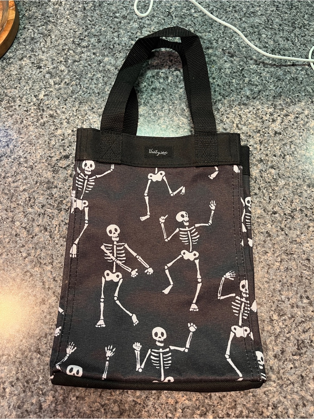 thirty-one Black Tote Bag with White Skeleton Print